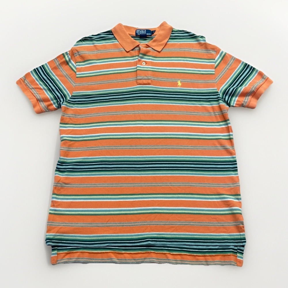 Vintage Polo Ralph Lauren Polo Shirt Mens M Orange Multicolor Striped Cotton 90s